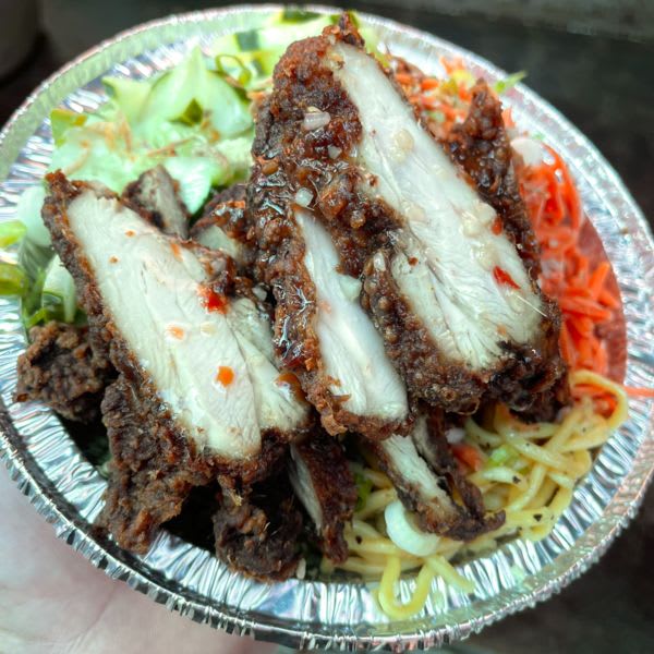 Lemongrass Fried Chicken over Garlic Noodles 