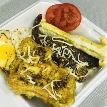 5 Cheese Eggy Bread, mozzarella roll, sausage, eggs