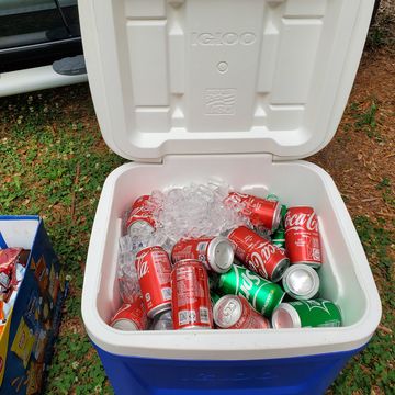 Assorted soda, juice boxes and water