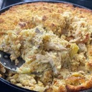 Baked cornbread dressing with smoke turkey tails