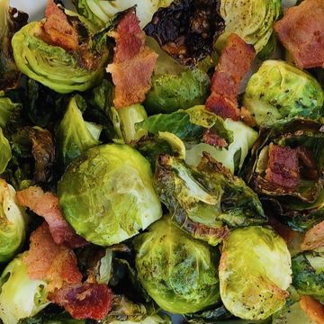Fire roasted brussel sprouts with beef candied bacon