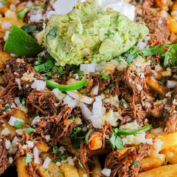 birria fries with truffle guacamole