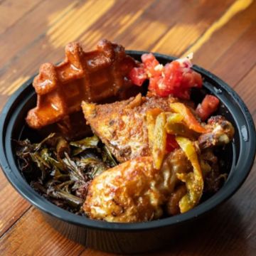 Agave glazed buttermilk fried chicken and waffles