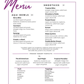 Tropical Bliss menu 