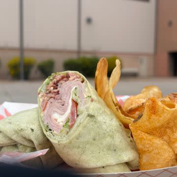 Turkey wrap  w/lays potato chips or potato salad   & Drink
