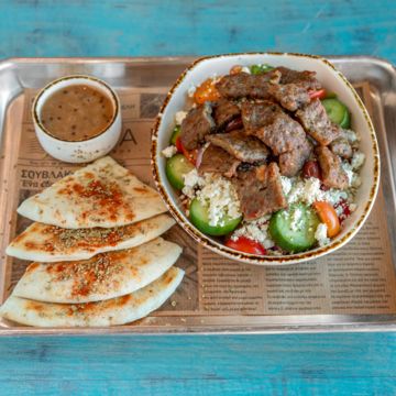 Greek Salad with Beef/Lamb Gyros on top
