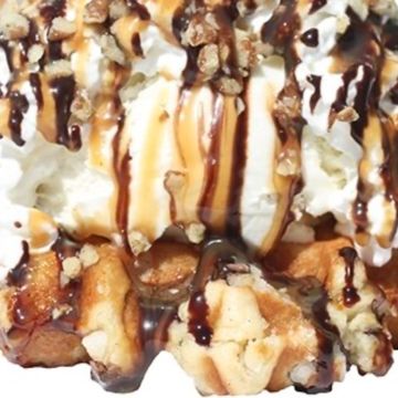 Liège Waffle with Turtle Cheesecake and whipped cream