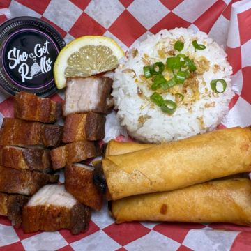 Lechon Kawali Plate w/ 3 Lumpias & Rice