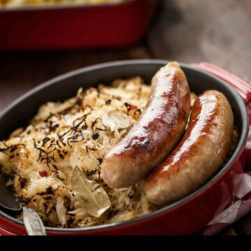 1 Homemade backyard Beef   kielbasa sausages with German kraut potato au gratin bowl