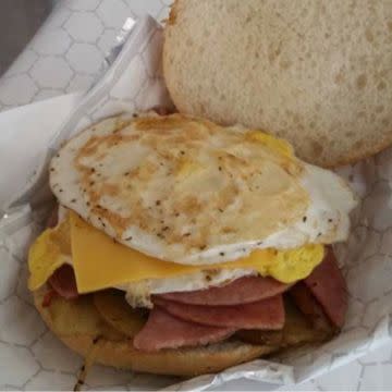 Taylor ham  or bacon or sausage Egg & Cheese with or without potatoes onions and peppers 