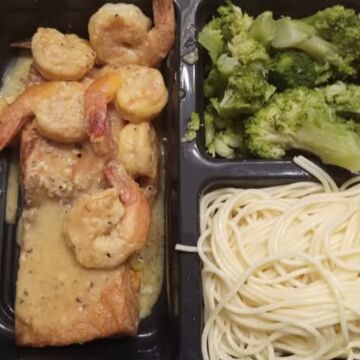 Salmon Shrimp Angel Hair Pasta and Broccoli
