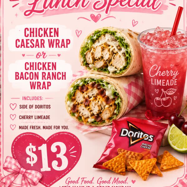 Chicken Caesar or chicken bacon ranch wrap, side of Doritos, and a cherry limeade included!!
