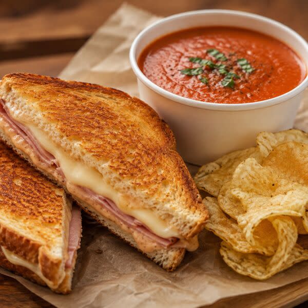 Grilled Ham & Cheese w Roasted Red Pepper & Tomato Soup