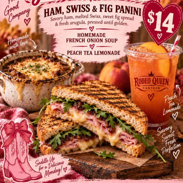 MONDAYS ONLY - Homemade French Onion Soup w Ham/Swiss/Arugula & Fig Jam Panini!! Peach Lemonade Tea Included!!