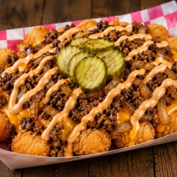 Loaded Burger Tots! Includes Chocolate Chip Cookie and Drink!