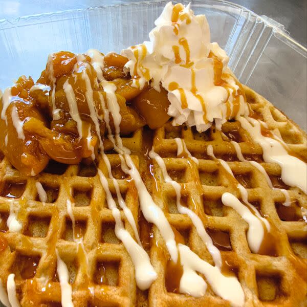 Peach Cobbler Waffle Deluxe. Free Beverage with any ONLINE purchase over $12 (before taxes and fees)