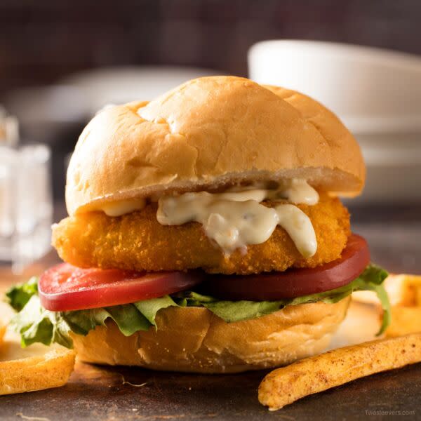 Fried fish sandwich with fries
