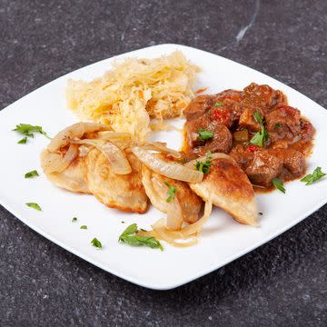 Beef Goulash with 5 pierogies