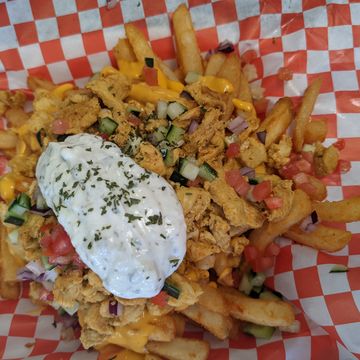 Loaded greek fries with chicken shawarma