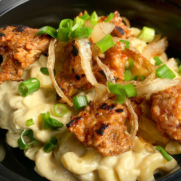 Vegan or Real Cheese Mac with Vegan “Sausage”