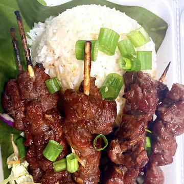 Garlic Rice with BBQ Pork on a stick